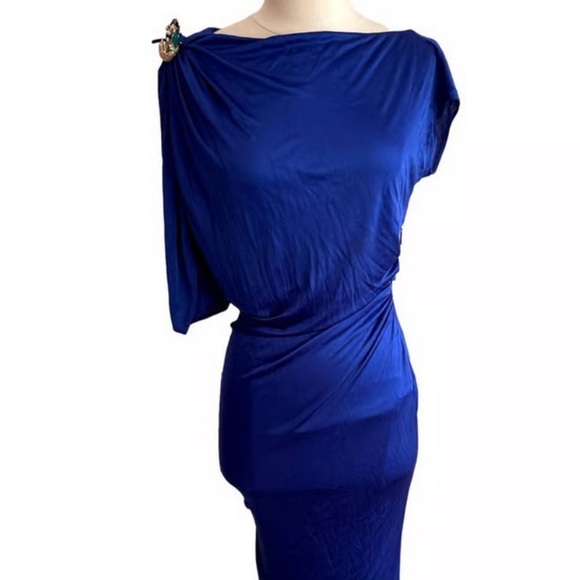 Roberto Cavalli Blue Evening Gown Jeweled Lizard Shoulder Accent Size 38 EUC - Picture 3 of 8